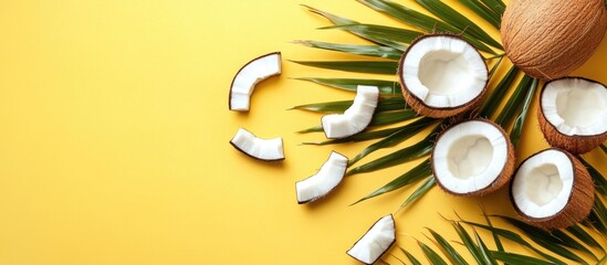 Poster - Broken coconut pieces scattered on vibrant yellow background with palm leaves positioned on the left creating a tropical food backdrop flat lay.