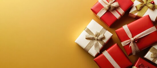 Aufkleber - Vibrant golden background with assorted red and white Christmas gift boxes tied with festive ribbons arranged in a flat lay style for copy space
