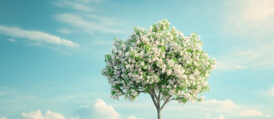 Aufkleber - Blossoming apple tree with white flowers against a clear blue sky featuring soft clouds in the background creating a serene spring atmosphere.