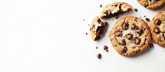 Poster - Chocolate chip cookies with chocolate chips and crumbs on a clean white background with half cookies split for copy space in top right corner