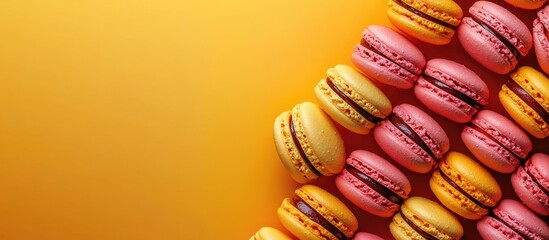 Poster - Colorful macaroons in shades of pink, yellow, and orange arranged in rows on a vivid yellow background with ample copyspace on the right side.