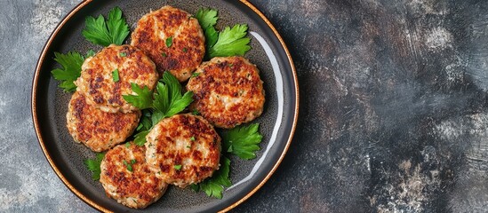 Poster - Buckwheat cutlets with cheese and parsley arranged on a dark plate surrounded by fresh parsley leaves on a textured gray background top view