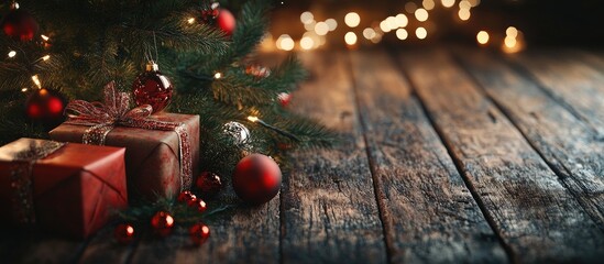 Aufkleber - Rustic wooden surface adorned with a festive fir tree, wrapped gifts, red Christmas balls, twinkling lights creating a warm holiday ambiance