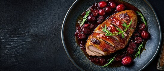 Poster - Baked duck fillet plated on black plate with plums and cranberries, garnished with herbs, set against a dark textured background.