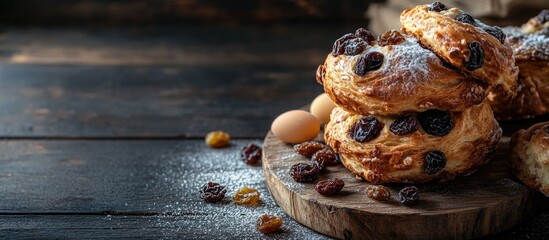 Poster - Delicious kraffins stacked on a wooden board with raisins and dried fruits against a dark rustic background dusted with icing sugar and eggs nearby