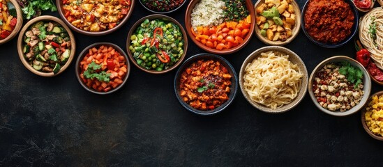 Poster - Assorted bowls filled with vibrant dishes including noodles, vegetables, and grains arranged on a dark textured surface for a culinary feast