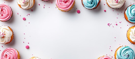Poster - Colorful cupcakes arranged in a circular frame with pink and blue frosting on a light white background creating a festive and inviting atmosphere.
