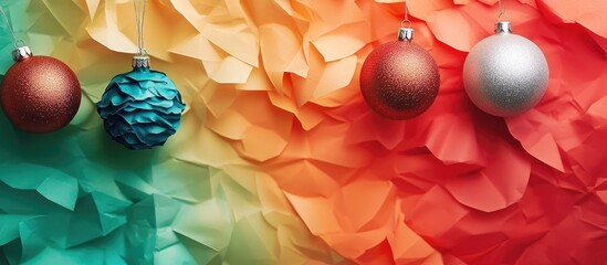 Poster - Colorful Christmas ornaments in red silver and blue positioned on vibrant textured paper in shades of orange turquoise and red with copyspace