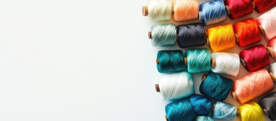 Poster - Vibrant sewing threads in a variety of colors organized neatly on a white background from a top view with ample copyspace on the left side