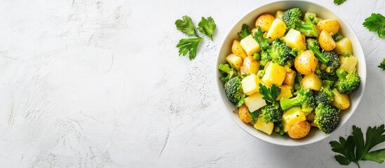 Poster - Fresh broccoli and potato salad in a white bowl on a textured surface with green parsley, arranged artistically for a healthy food concept