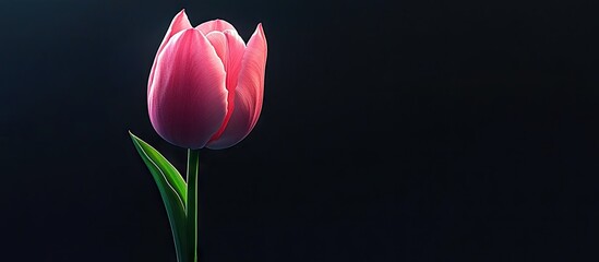 Poster - Delicate pink tulip with soft petals positioned to the left against a dark black background creating a serene and elegant floral composition