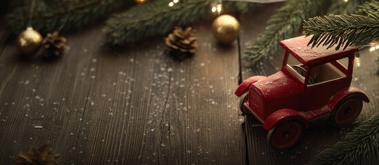 Aufkleber - Vintage red toy car on dark wood surface with pine cones, golden ornaments, and snowflakes, evoking a festive Christmas atmosphere.