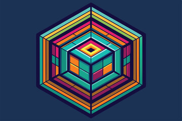 Poster - a colorful cube icon featuring intricate geometric designs and vivid layers against a rich blue back