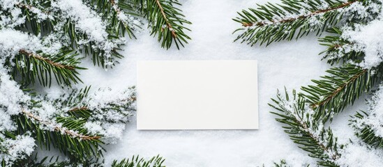 Poster - Snow-covered pine branches framing a blank white card on a snowy background evoking a serene winter holiday vibe for New Year decorations.