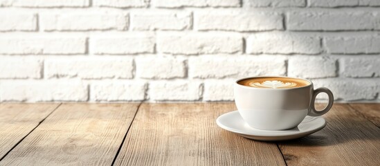 Poster - White coffee cup with latte art placed on a wooden table in front of a white brick wall background emphasizing warm tones and copy space