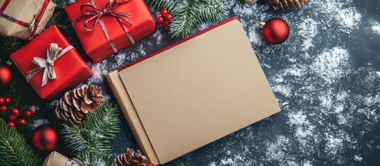 Poster - Craft notebook in a festive Christmas arrangement with red gifts pinecones and ornaments on a snowy surface with green pine branches.