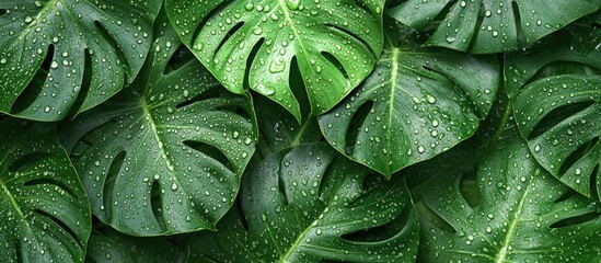 Aufkleber - Tropical Monstera leaves with dewdrops in rich green hues arranged in a flat lay composition showcasing a lush botanical texture and freshness
