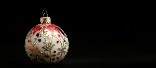 Poster - Elegant red and gold Christmas ornament with floral patterns positioned on the right against a smooth black background with soft focus effect.