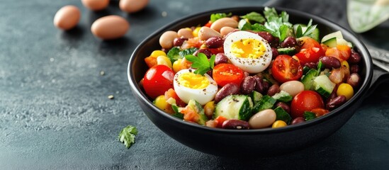 Poster - Colorful vegetable salad in a black bowl featuring red tomatoes, green herbs, beans, and halved eggs, displayed on a textured dark surface.