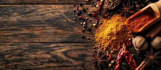 Aufkleber - Vibrant spices scattered on dark wooden table with golden turmeric, red chili, and star anise arranged artfully in top view composition