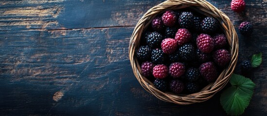 Poster - Fresh black raspberries in a woven basket centered on a dark wooden surface with vivid green leaves scattered, top view with ample negative space.