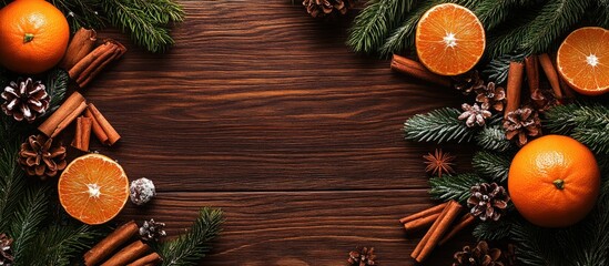 Poster - Christmas wood background featuring spruce branches, tangerines, cinnamon sticks, and pine cones, creating a festive border with ample copy space.
