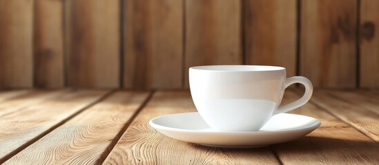 Poster - Empty white coffee cup and saucer positioned on a rustic wooden surface with warm brown tones, minimalist and elegant composition.