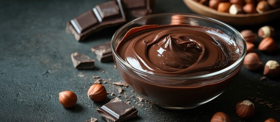 Poster - Rich chocolate cream in a glass bowl surrounded by chocolate pieces and hazelnuts against a dark textured concrete background