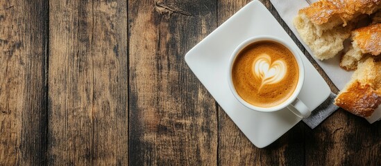 Aufkleber - Aromatic coffee cup with latte art on white saucer next to golden garlic bread pieces on rustic wooden table top, warm tones enhance cozy ambiance