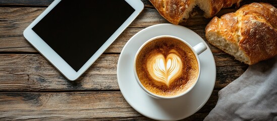 Poster - Coffee cup with latte art on white plate, tablet with black screen, and croissants on rustic wooden table, warm natural lighting ambiance.