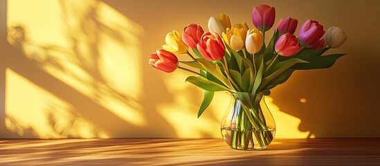 Fototapete - Vivid multicolored tulips in a clear vase on a wooden table against a warm yellow wall casting soft shadows in evening light.