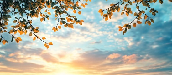 Aufkleber - Branches of golden leaves against a blue and orange cloudy sunrise sky with ample copyspace at the top for text overlay and design elements