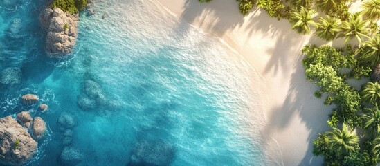 Poster - Aerial view showcasing a tropical paradise with turquoise waters and golden sandy beach framed by lush green palm trees under a bright blue sky.