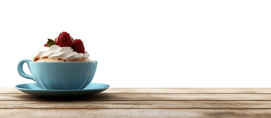 Aufkleber - Cappuccino in a light blue cup with whipped cream and raspberries on a rustic wooden table against a plain white background