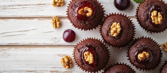 Poster - Chocolate muffins topped with jelly-plums and walnuts on a rustic white wooden table with accents of deep brown and rich plum hues.