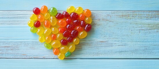 Poster - Vibrant multicolored heart made of gumdrops in red yellow green and orange on light blue wooden background with ample copyspace on the left