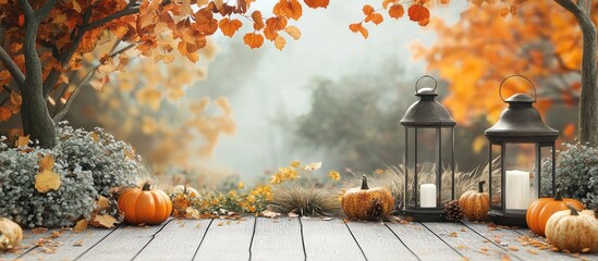 Aufkleber - Autumn garden scene featuring vibrant orange leaves overhead, pumpkins and lanterns on wooden deck, with soft fog enhancing the ambiance.