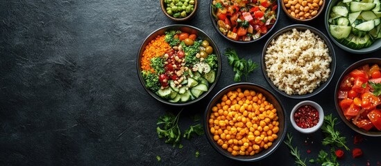 Poster - Assorted bowls filled with colorful fresh vegetables and grains on a dark textured surface with green herbs scattered around for a vibrant presentation