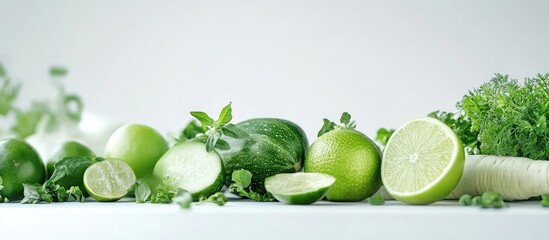 Poster - Fresh assortment of green vegetables and fruits including cucumbers limes and herbs arranged on a white cutting board with ample copyspace
