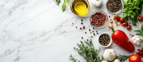 Poster - Fresh vegetables herbs and spices arranged on a light marble table with olive oil in a glass bowl and ample copy space on the left side