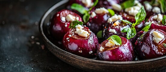 Aufkleber - Baked plums with feta arranged on a dark plate garnished with fresh mint showcasing rich purple and creamy white colors in a close-up view