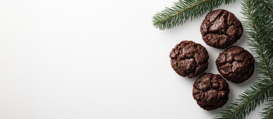 Poster - Chocolate crinkle cookies arranged in a cluster with a green fir branch on a light white background creating a festive holiday ambiance.