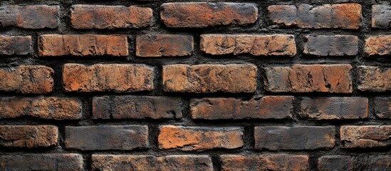 Poster - Brown and dark gray brick wall texture with uniform rectangular bricks arranged horizontally, offering ample copy space in the center.