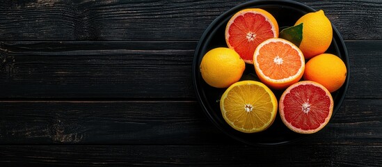 Poster - Bowl of colorful citrus fruits including lemons, oranges, and grapefruits on a black wooden surface viewed from above with dark tones