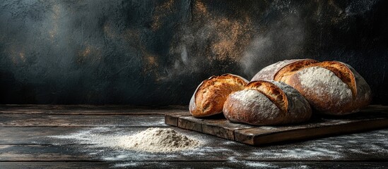 Poster - Freshly baked artisan bread loaves on a dark wooden table with flour dust scattered around creating a rustic culinary scene in warm tones