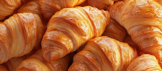 Poster - Close up of freshly baked golden-brown croissants stacked in a warm, inviting arrangement highlighting flaky layers and rich texture.