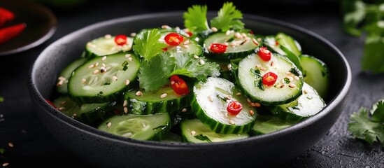 Poster - Spicy broken cucumber salad in a black bowl garnished with fresh coriander, ginger, chili pepper, and sesame seeds against a dark background.