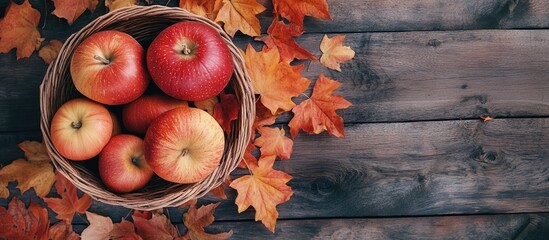 Poster - Rustic wooden board with a woven basket filled with red apples surrounded by vibrant orange and yellow autumn leaves in a vintage fall still life.