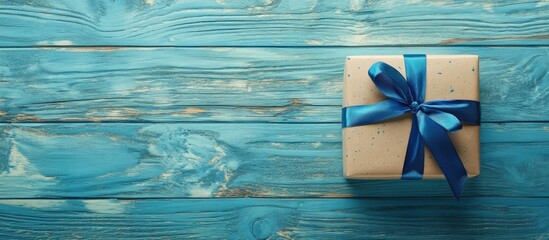 Poster - Gift box wrapped in beige paper with a shiny blue ribbon on a textured blue wooden table with ample copy space for holiday themes and promotions