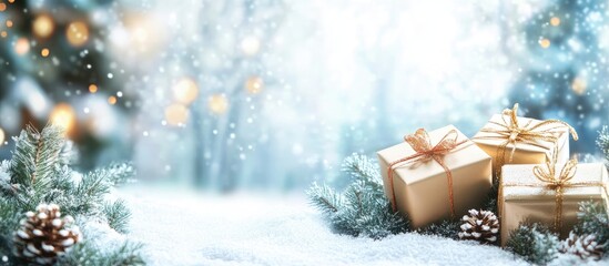Aufkleber - Winter celebration scene featuring three golden gift boxes adorned with ribbons on a snowy surface, surrounded by evergreen branches and pine cones.